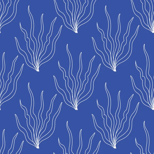 Algas marinhas desenhadas à mão sobre um fundo azul . —  Vetores de Stock