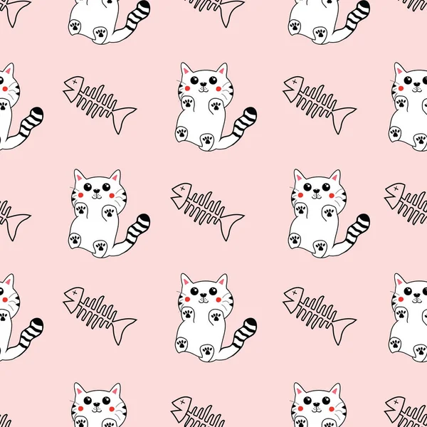 Niedlichen handgezeichneten Muster Hintergrund mit Katzen und Fischgräten. — Stockvektor
