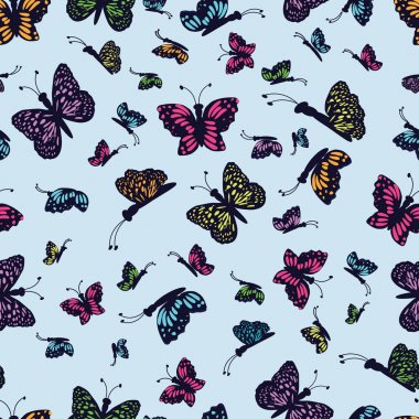 Açık mavi arka plan üzerinde elle çizilmiş çok renkli kelebek