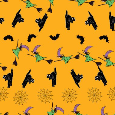 Süpürge çubukları cadılar ile Eğlenceli Halloween sorunsuz desen arka plan, uçan yarasalar, ve spiderwebs.