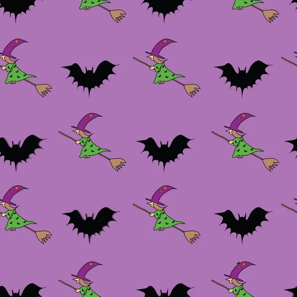 Fröhliche halloween nahtlose Muster Hintergrund mit fliegenden Hexen auf Besenstielen und Fledermäusen. — Stockvektor