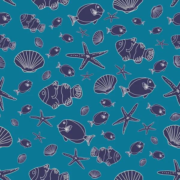Handritat havsliv på en havsblå bakgrund. Sömlös mönster bakgrund. — Stock vektor