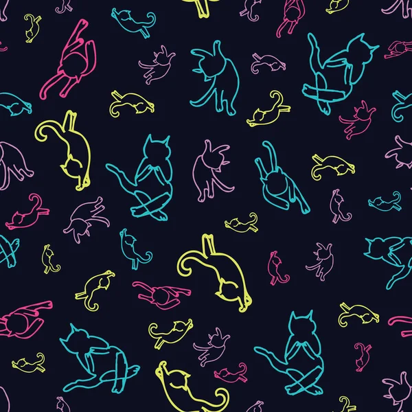 Lindas siluetas de gato multicolor dibujadas a mano sobre un fondo azul marino . — Vector de stock
