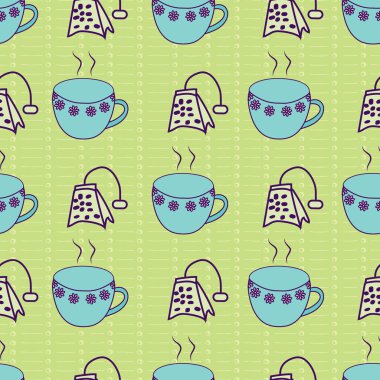 Sevimli çay bardak ları ve teabags geometrik açık yeşil dokulu arka plan üzerinde hizalanmış 