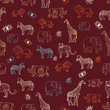 Sevimli el çizilmiş Afrika hayvan safari sorunsuz desen arka plan. 