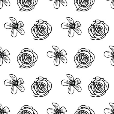 El çizilmiş güller ve Frangipani çiçekleri dikişsiz desen arka plan