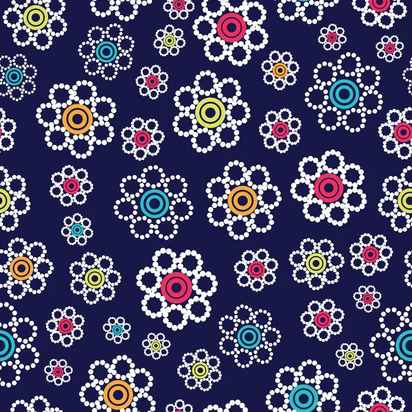 Lindas flores geométricas brilhantes padrão sem costura em um fundo azul marinho . — Vetor de Stock