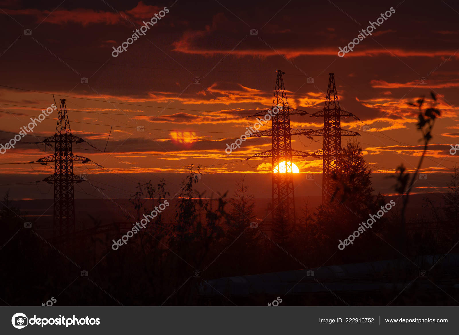 Silhouette Haute Tension Postes Coucher Soleil Norilsk