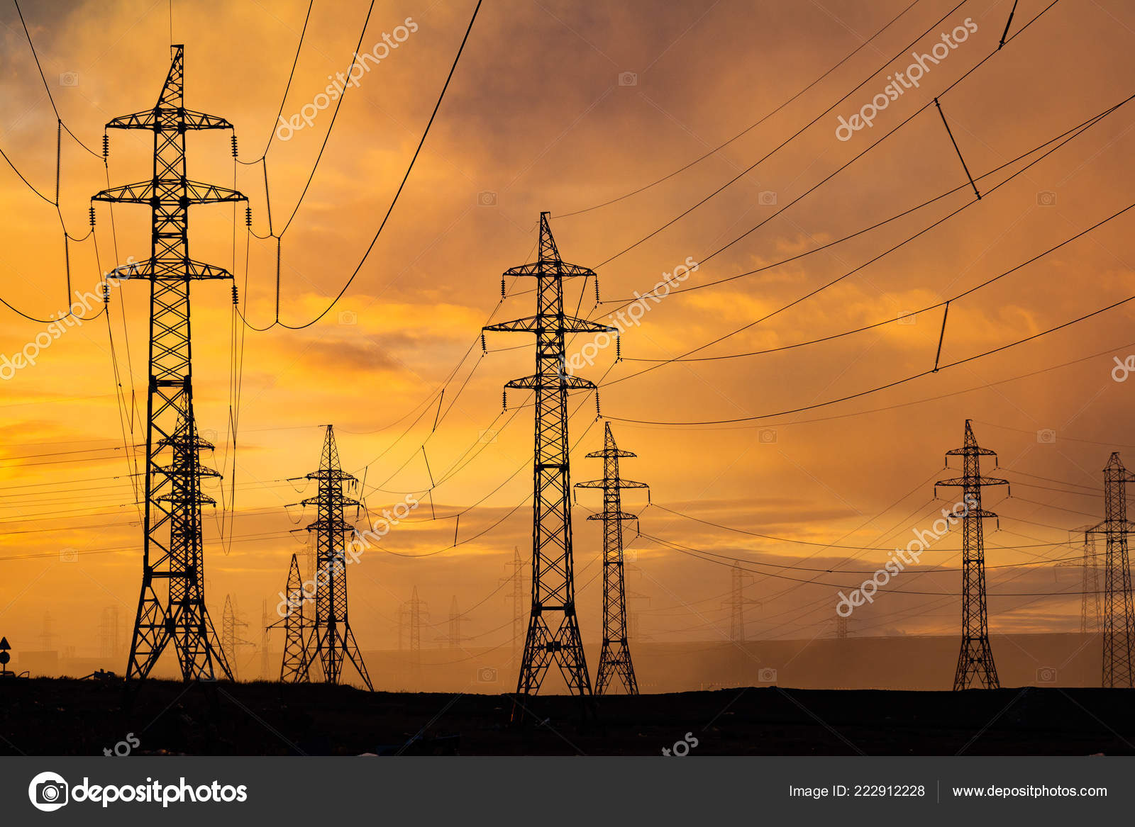 Silhouette Haute Tension Postes Coucher Soleil Norilsk
