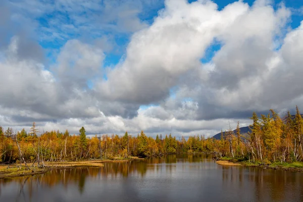Sibirya Orman Gölü yüzey, 6 Eylül 2018 Norilsk üzerine düşünceler ile renkli sonbahar