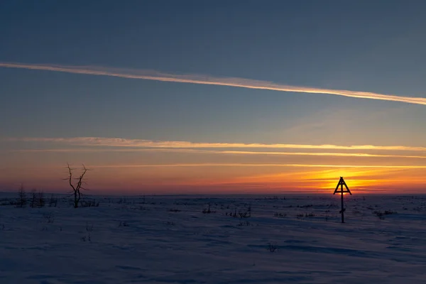 Siluetleri, çapraz ve ağacı günbatımında. Norilsk Dudinka