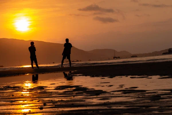 Silhouettes of people on the background of a golden dawn on the