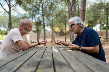 İki emekli adam parktaki ahşap bir masada domino oynamaya konsantre olup boş zamanlarının tadını çıkarıyorlar.