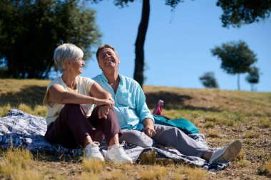 Gülümseyen olgun bir çift battaniyenin üzerinde dinleniyor, doğada pikniğin tadını çıkarıyor, güneşli bir günde gülüyor ve eğleniyor.