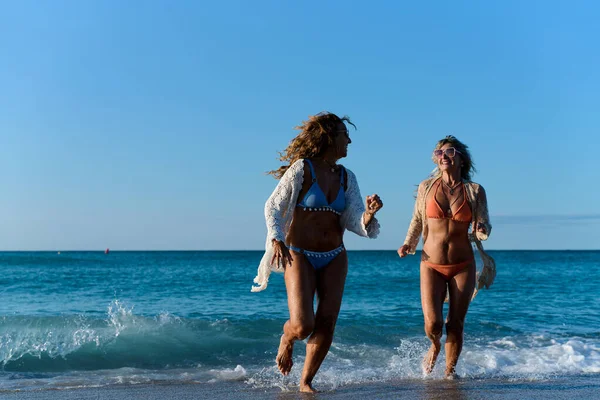 İki olgun kadın sahilde koşuyor, yaz tatillerinin tadını çıkarıyor ve arkadaşlığın keyfini çıkarıyorlar.