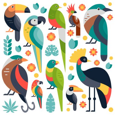 Flat style illustration with Toucan, Blue and Yellow Macaw, Bird of Paradise and other types of birds. Vector set of Tropical birds with flowers and leaves. clipart