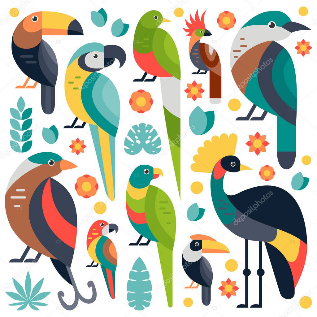 Flat style illustration with Toucan, Blue and Yellow Macaw, Bird of Paradise and other types of birds. Vector set of Tropical birds with flowers and leaves.