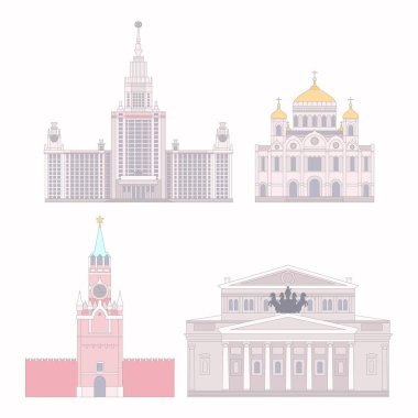 Vektör Moskova binalar kümesi: Katedral Mesih'in Savior, büyük tiyatro, Kremlin, Moscow City. Düz stil. Rusya ülke sembolleri
