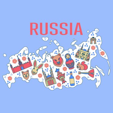 Rusya karikatür seyahat etmek vektör harita, Rus semboller ve diğer, dekoratif poster düz stil tasarım Turizm
