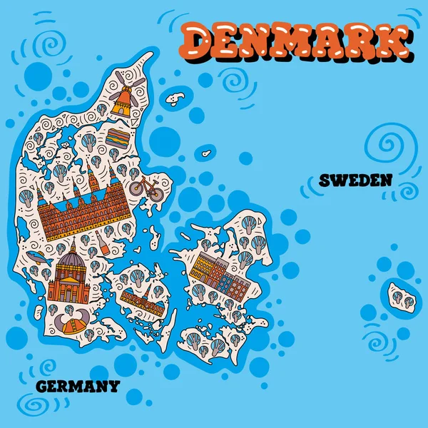 デンマークの様式化された地図をベクトル デンマークのランドマークと旅行イラスト — ストックベクタ