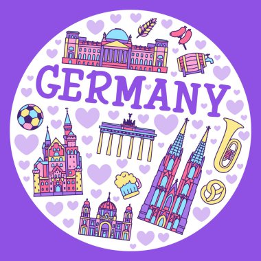 Almanya karikatür seyahat etmek vektör harita, semboller ve diğer, dekoratif poster düz stil tasarım bilgisiyle için