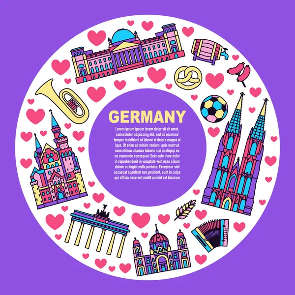 Německo Kreslený Cestování Vektorová Mapa Symboly Jiné Dekorativní Plakát Plochý — Stockový vektor