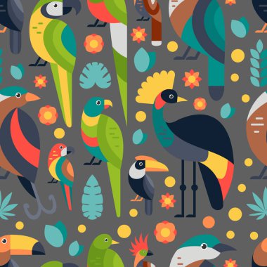 Düz stil desenle Toucan, mavi ve sarı Amerika papağanı, cennet kuşu ve diğer tip-in kuş. Çiçek ve yaprakları ile tropik kuşların vektör seamless modeli.