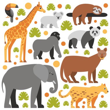 Panda, Tukan, Koala, zürafa, fil ve tropikal hayvanların diğer türleri ile düz stil illüstrasyon. Çiçek ve yaprakları ile tropikal hayvanların vektör set.