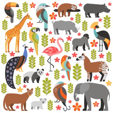 Düz stil illüstrasyon Puma, Panda, Koala, zürafa, fil, Toucan, tavus kuşu, kuş cenneti, Flamingo ve diğer tip-in tropikal hayvanlar ve kuşlar. Tropikal hayvanlar ve kuşlar çiçekleri ve yaprakları ile vektör kümesi.