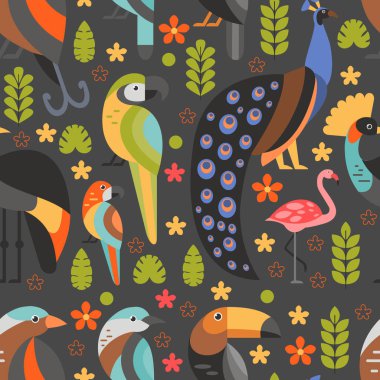 Düz stil desen Toucan, tavus kuşu, kuş cenneti, Flamingo ve diğer tip-in kuş. Çiçek ve yaprakları ile tropik kuşların vektör seamless modeli.