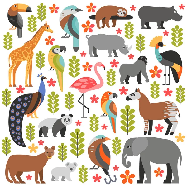 Flat style illustration with Puma, Panda, Koala, Giraffe, Elephant, Toucan, Peacock, Bird of Paradise, Flamingo and other types of tropical animals and birds. Vector set of Tropical animals and birds with flowers and leaves.