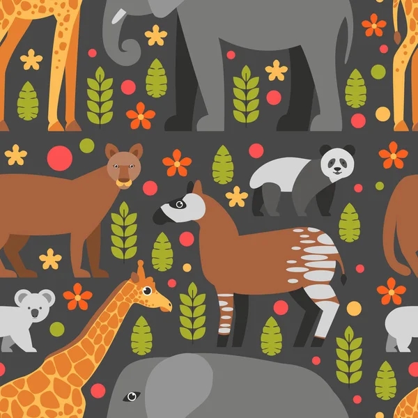 Flaches Muster Mit Puma Panda Koala Giraffe Elefant Und Anderen — Stockvektor