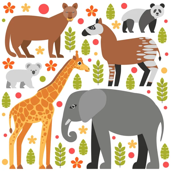 Vlakke Stijl Illustratie Met Puma Panda Koala Giraffe Olifant Andere — Stockvector