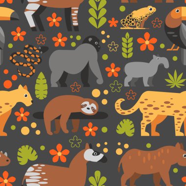 Düz stil desen Toucan, tembellik, Okapi, Jaguar ve tropikal hayvanların diğer türleri ile. Çiçek ve yaprakları ile tropikal hayvanların vektör seamless modeli.