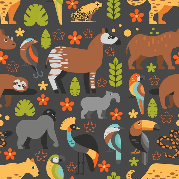 Flaches Muster Mit Tukan Faultier Okapi Jaguar Und Anderen Arten — Stockvektor