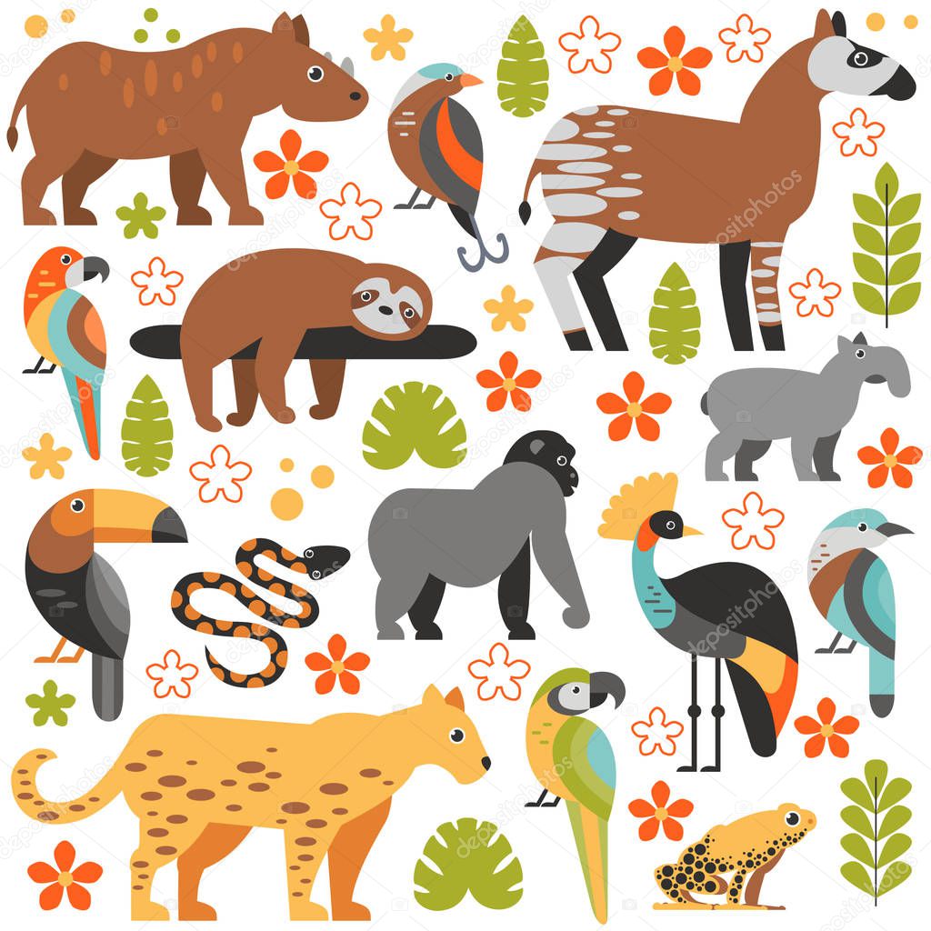 Flat style illustration with Toucan, Sloth, Okapi, Jaguar and other types of tropical animals. Vector set of Tropical animals with flowers and leaves.