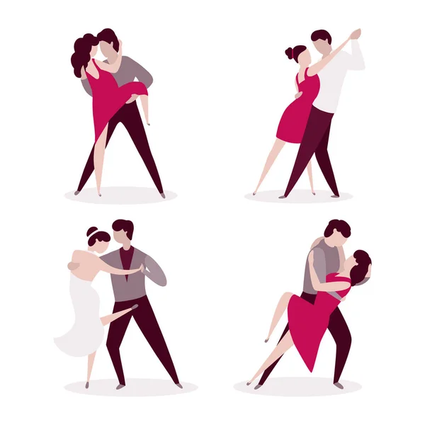 一对舞者的集合 男人和女人在学校 演播室 聚会表演舞蹈 舞女卡通人物跳探戈 向量例证 — 图库矢量图片