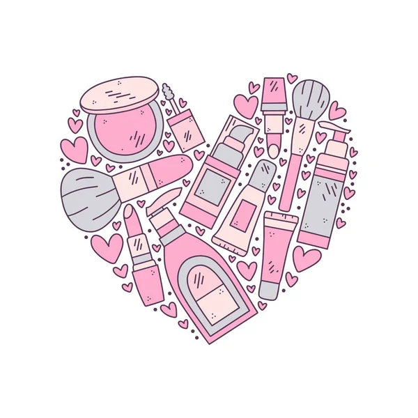 Ilustración Dibujada Mano Vectorial Cosméticos Forma Corazón Diseño Póster Tarjeta — Archivo Imágenes Vectoriales