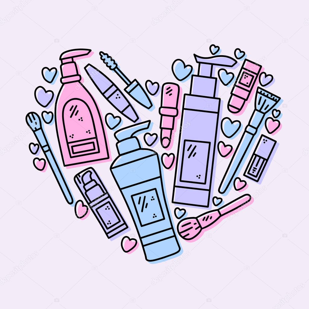 Vector hand drawn illustration of cosmetics in the shape of a heart. Design for poster and card