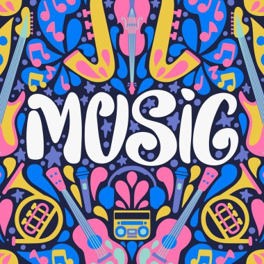 Handdrawn illüstrasyon müzik - yazı ve resimler müzik aletleri üzerinde. Poster veya t-shirt tasarım.