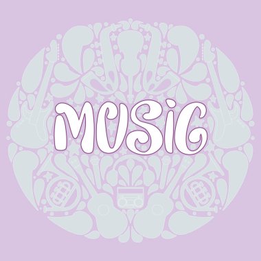 Handdrawn illüstrasyon müzik - yazı ve resimler müzik aletleri üzerinde. Poster veya t-shirt tasarım.