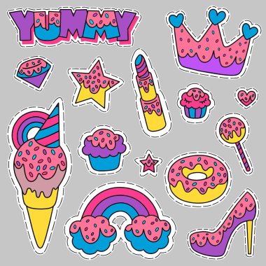 Taç, elmas, yıldız, pomad, kek, dondurma, çörek ve diğer resimde kümesi karikatür. Nakış, etiket veya PIN için tasarım