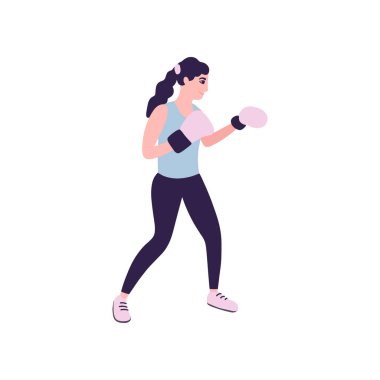 Genç bir kadının hafif bir arka planda izole edilmiş tatbikatlar yaptığı tasviri. Renkli düz vektör illüstrasyonu.