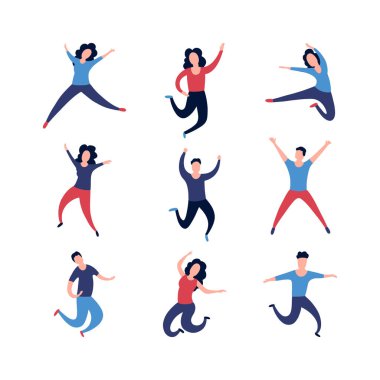 Beyaz arka plan üzerinde izole bir grup genç insan atlama. Mutlu pozitif genç erkek ve kadınların birlikte sevindirici. Renkli vektör çizim düz çizgi film tarzı