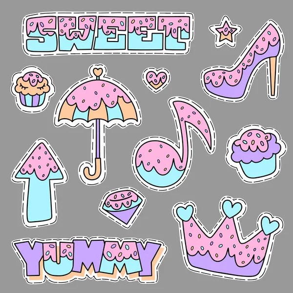 Illustration Bande Dessinée Ensemble Étoiles Chaussures Cupcake Parapluie Couronne Autres — Image vectorielle