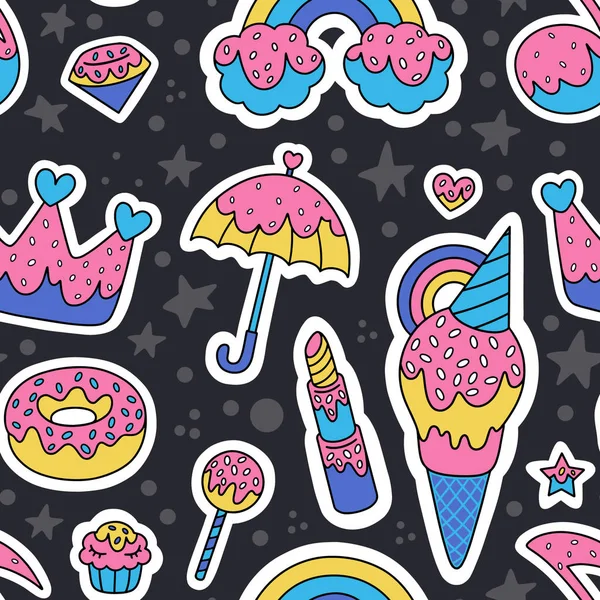 Nahtlose Muster Von Regenschirm Pomade Eis Krone Stern Donut Cupcake — Stockvektor