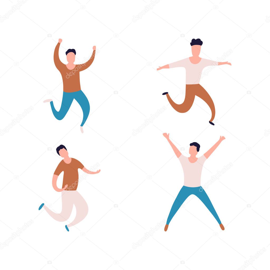 Group of young people jumping isolated on white background. Happy positive young men rejoicing together. Colored vector illustration in flat cartoon style