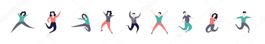 Group of young people jumping isolated on white background. Happy positive young men and women rejoicing together. Colored vector illustration in flat cartoon style