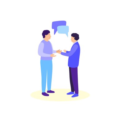 Beyaz arka planda izole edilmiş, konuşan insanların canlandırması. Düz çizgi film tarzında renkli vektör illüstrasyonu