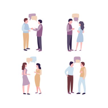 Beyaz arka planda izole edilmiş bir grup konuşan insan. Düz çizgi film tarzında renkli vektör illüstrasyonu